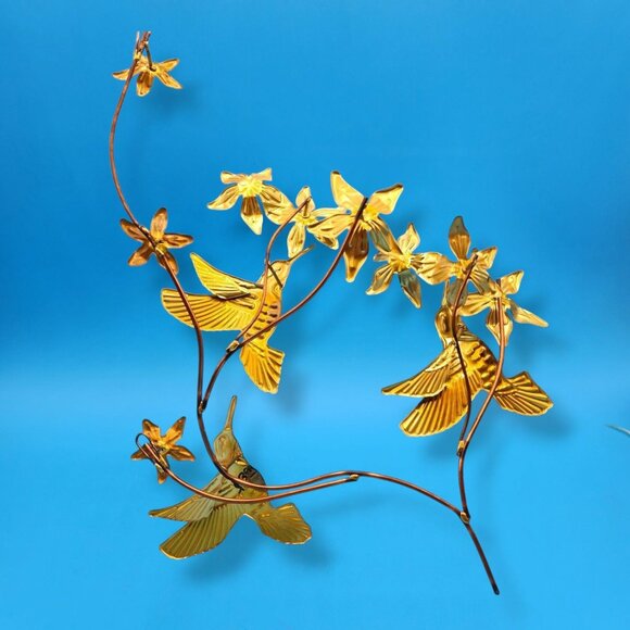 Vintage Mid Century Brass Hummingbird Wall Art Copper Floral Metal Sculpture - Picture 11 of 12